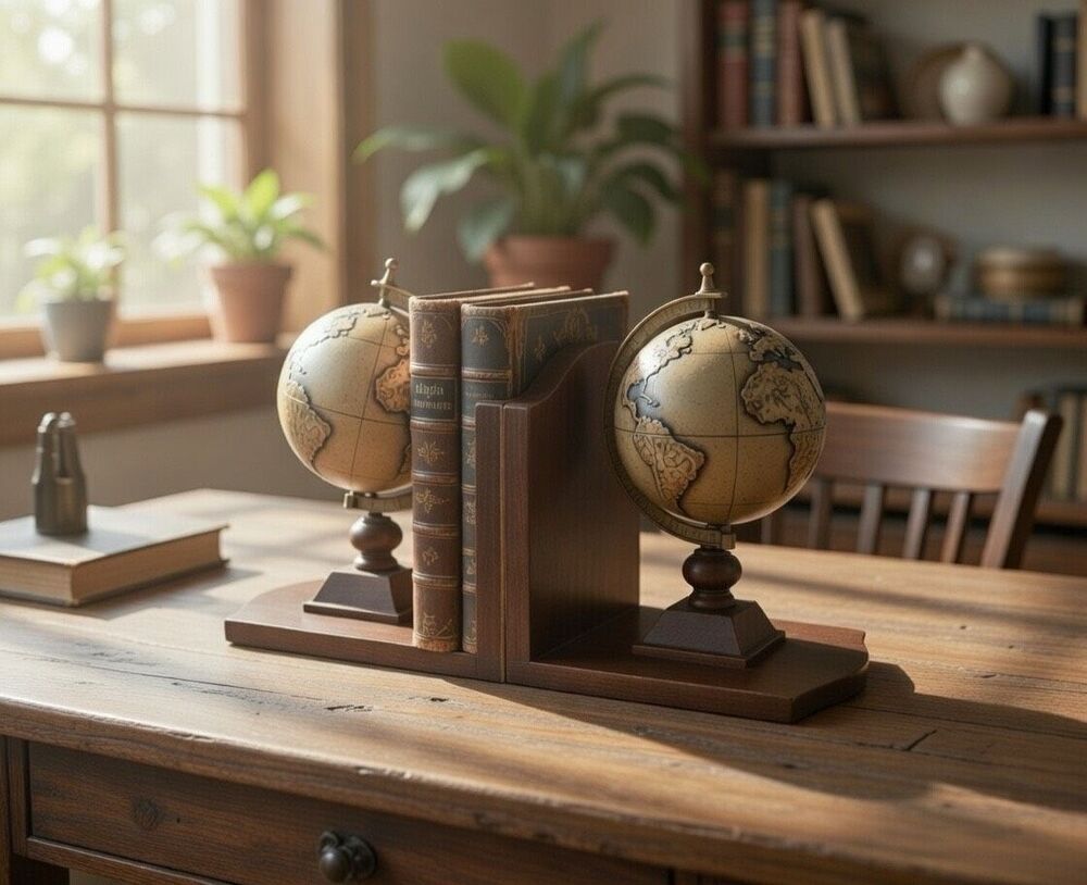 World Map Globe Bookends Spinning Wood Base, 2.1 lbs each, Home Interiors